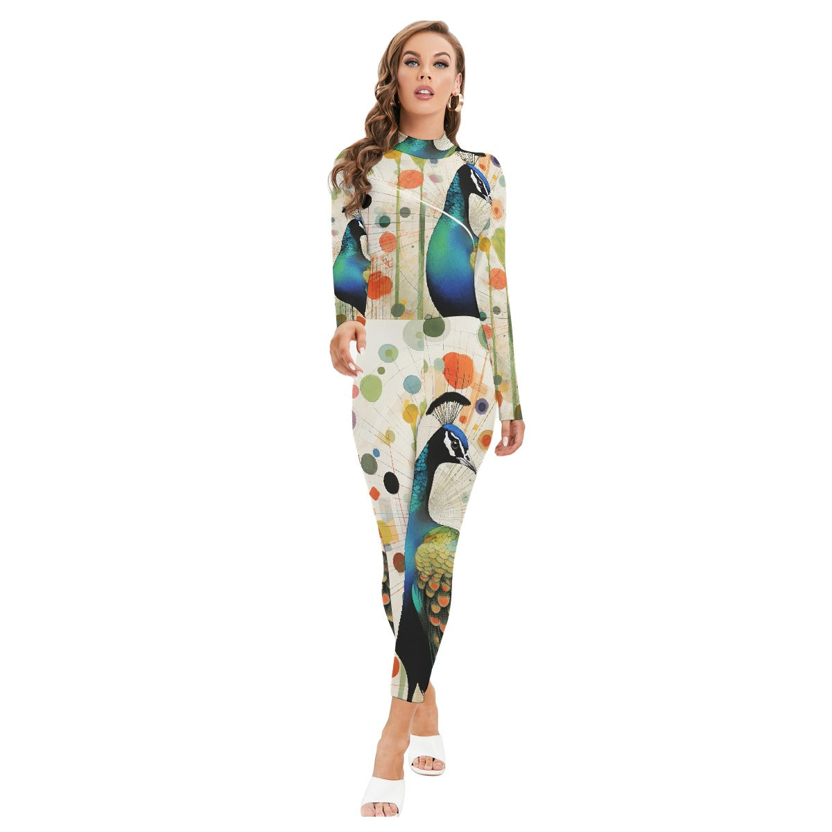 All-Over Print Women's Long-sleeved High-neck Jumpsuit With Zipper