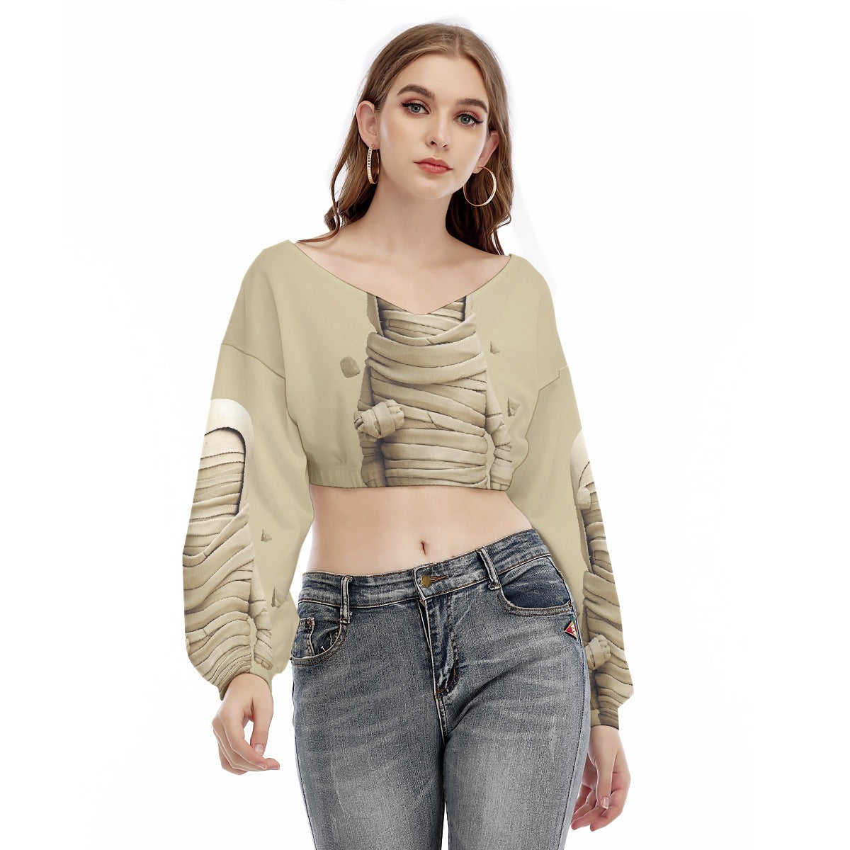 All-Over Print Women's V-neck Long Sleeve Cropped Sweatshirt