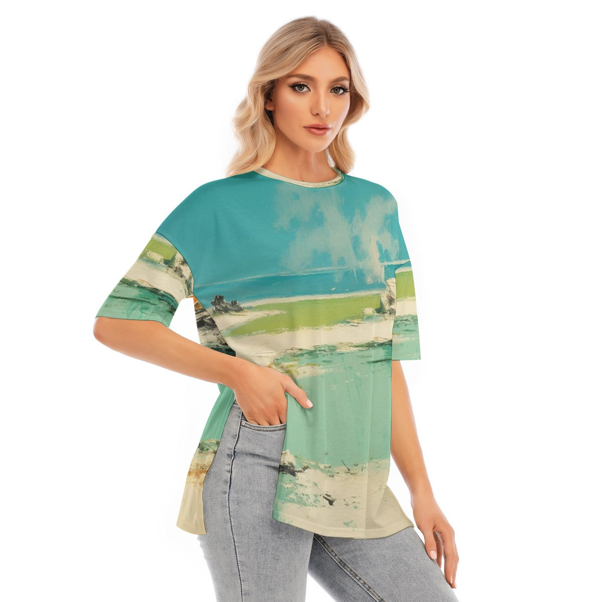 All-Over Print Women's Short Sleeves T-shirt With Hem Split