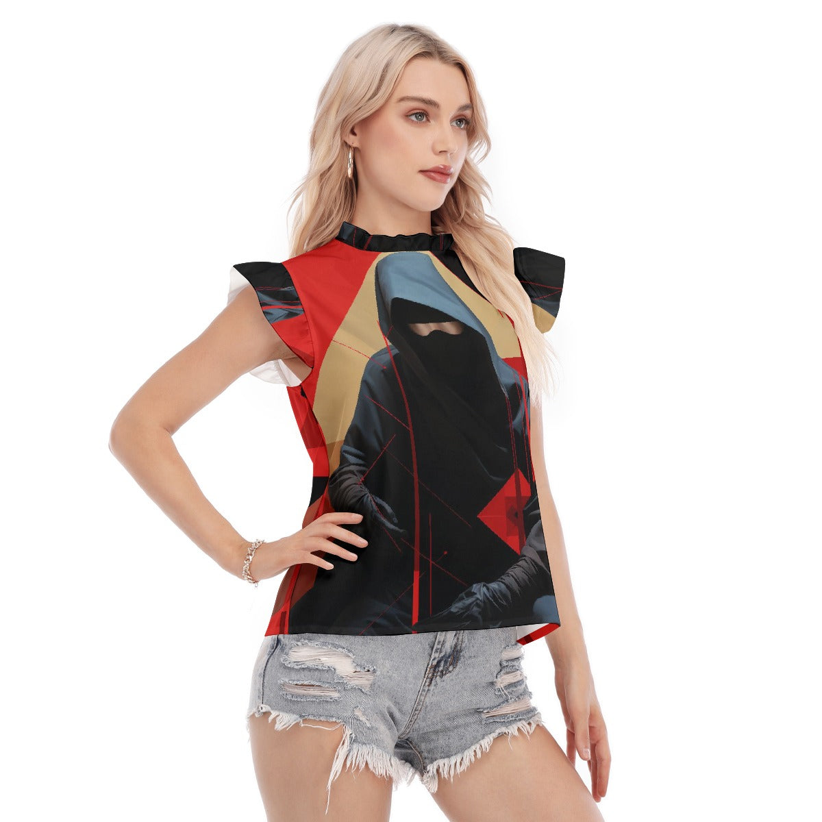 All-Over Print Women's Blouse With Ruffle Collar And Sleeve