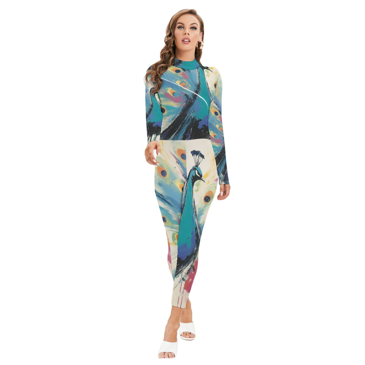 All-Over Print Women's Long-sleeved High-neck Jumpsuit With Zipper