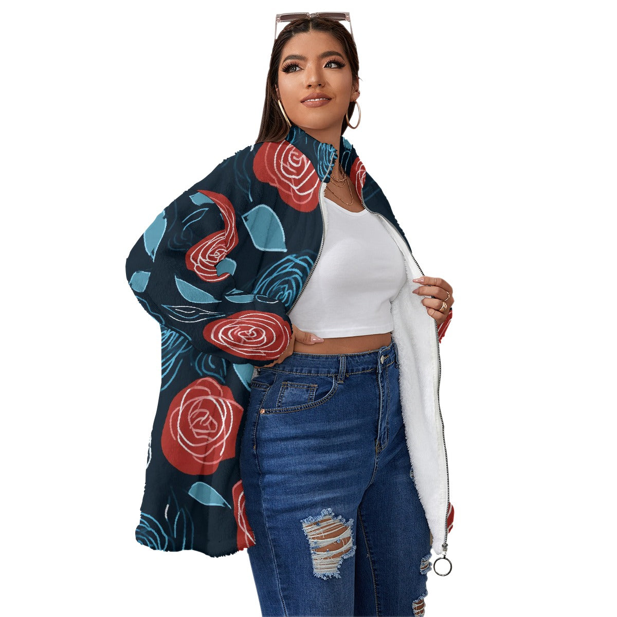 All-Over Print Unisex Borg Fleece Stand-up Collar Coat With Zipper Closure(Plus Size)