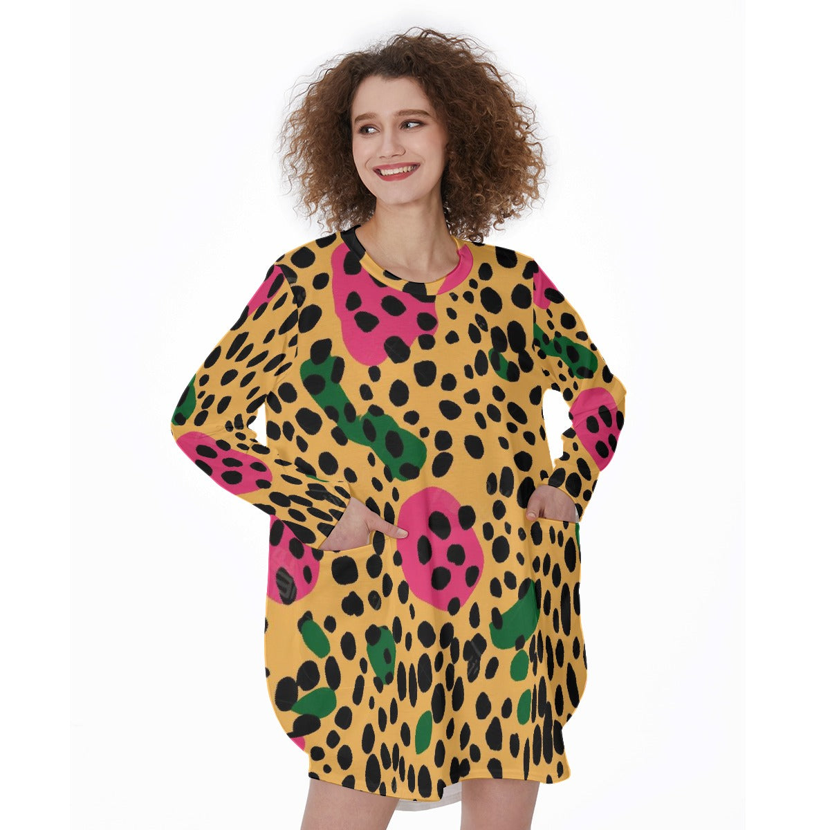 All-Over Print Women's Casual Loose Long Sleeve Dress With Pocket