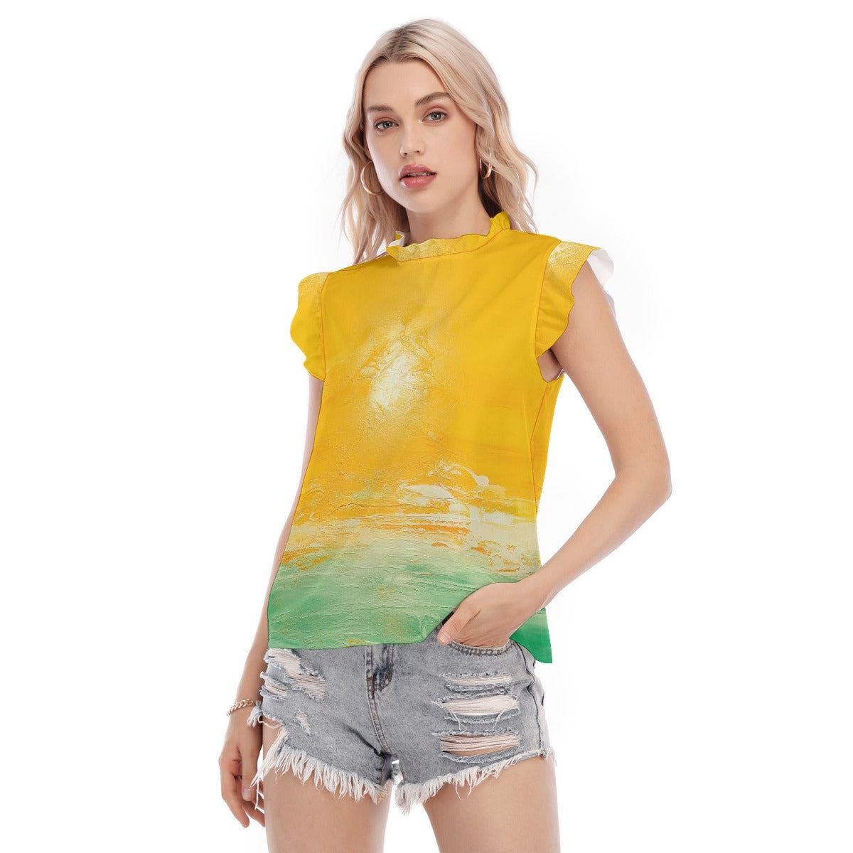 All-Over Print Women's Blouse With Ruffle Collar And Sleeve