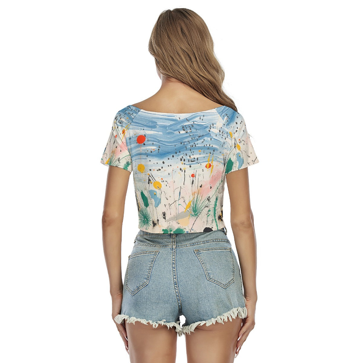 All-Over Print Women's Raglan Drawstring Front  Crop Tee