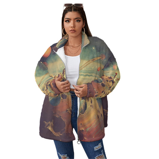 All-Over Print Unisex Borg Fleece Stand-up Collar Coat With Zipper Closure(Plus Size)