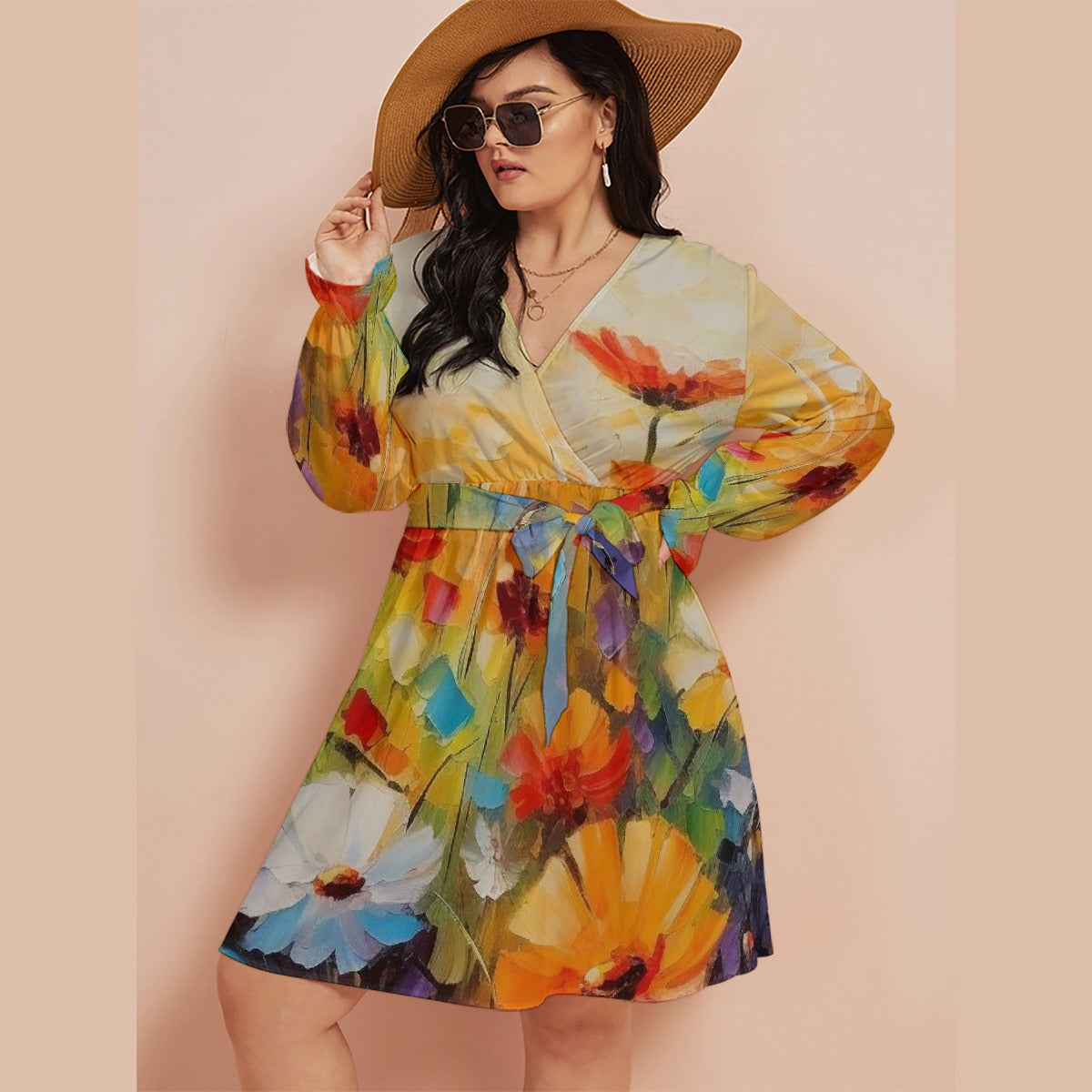 All-Over Print Women's V-neck Dress With Waistband(Plus Size)