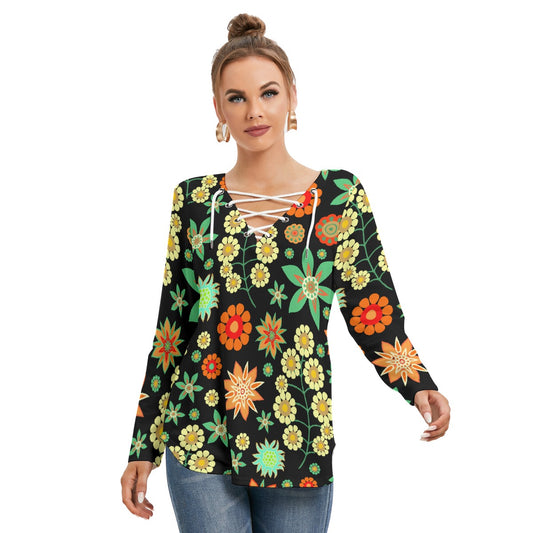 All-Over Print Women's Long Sleeve Neckline Tie Sweatshirt