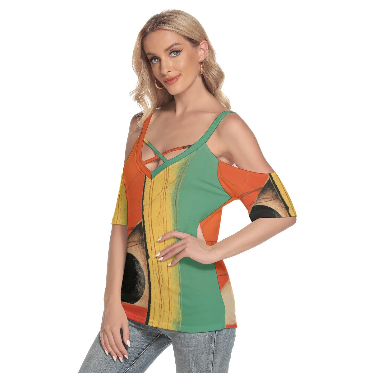 All-Over Print Women's Cold Shoulder T-shirt With Criss Cross Strips
