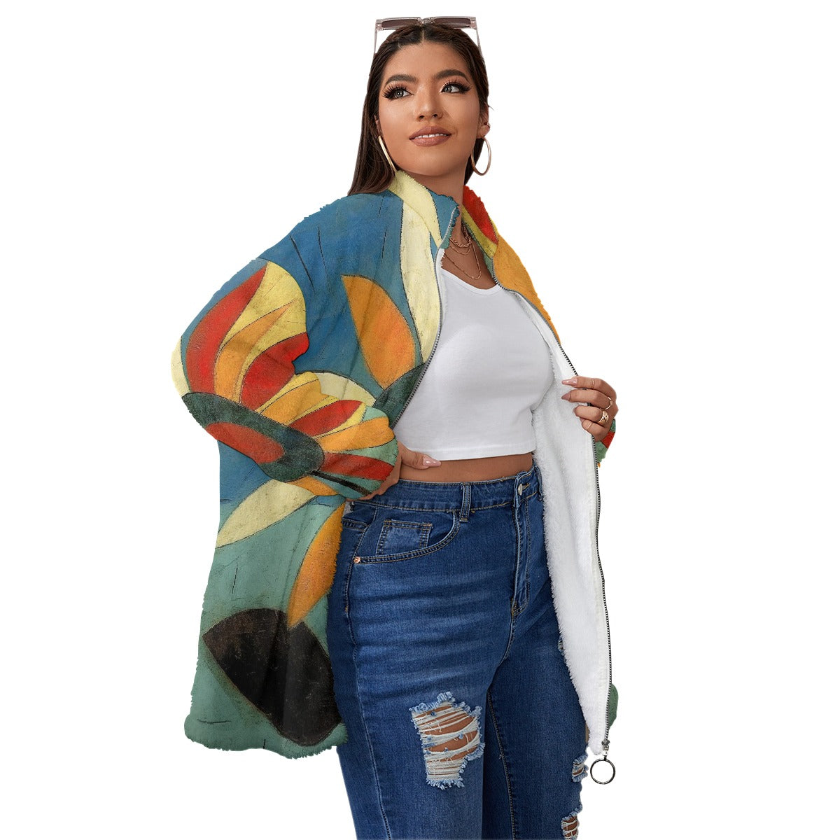 All-Over Print Unisex Borg Fleece Stand-up Collar Coat With Zipper Closure(Plus Size)