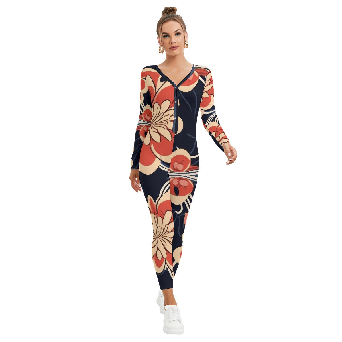All-Over Print Women's Plunging Neck Jumpsuit