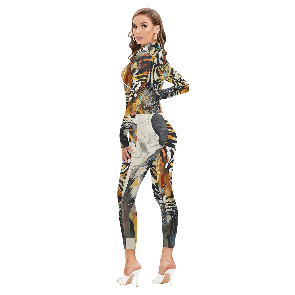 All-Over Print Women's Long-sleeved High-neck Jumpsuit With Zipper