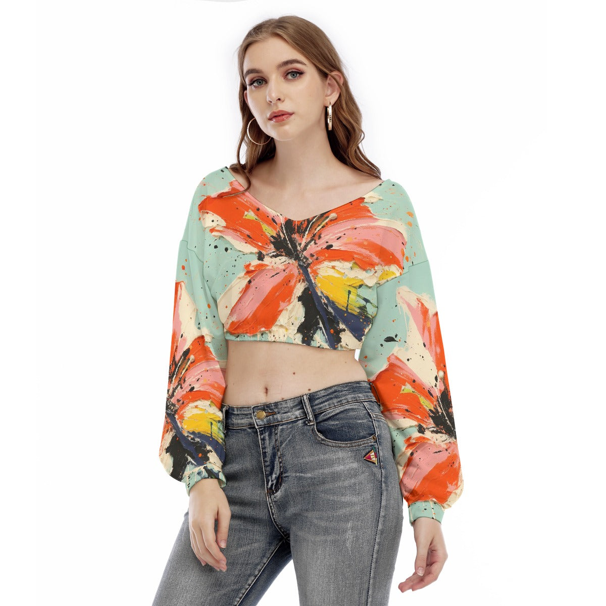 All-Over Print Women's V-neck Long Sleeve Cropped Sweatshirt