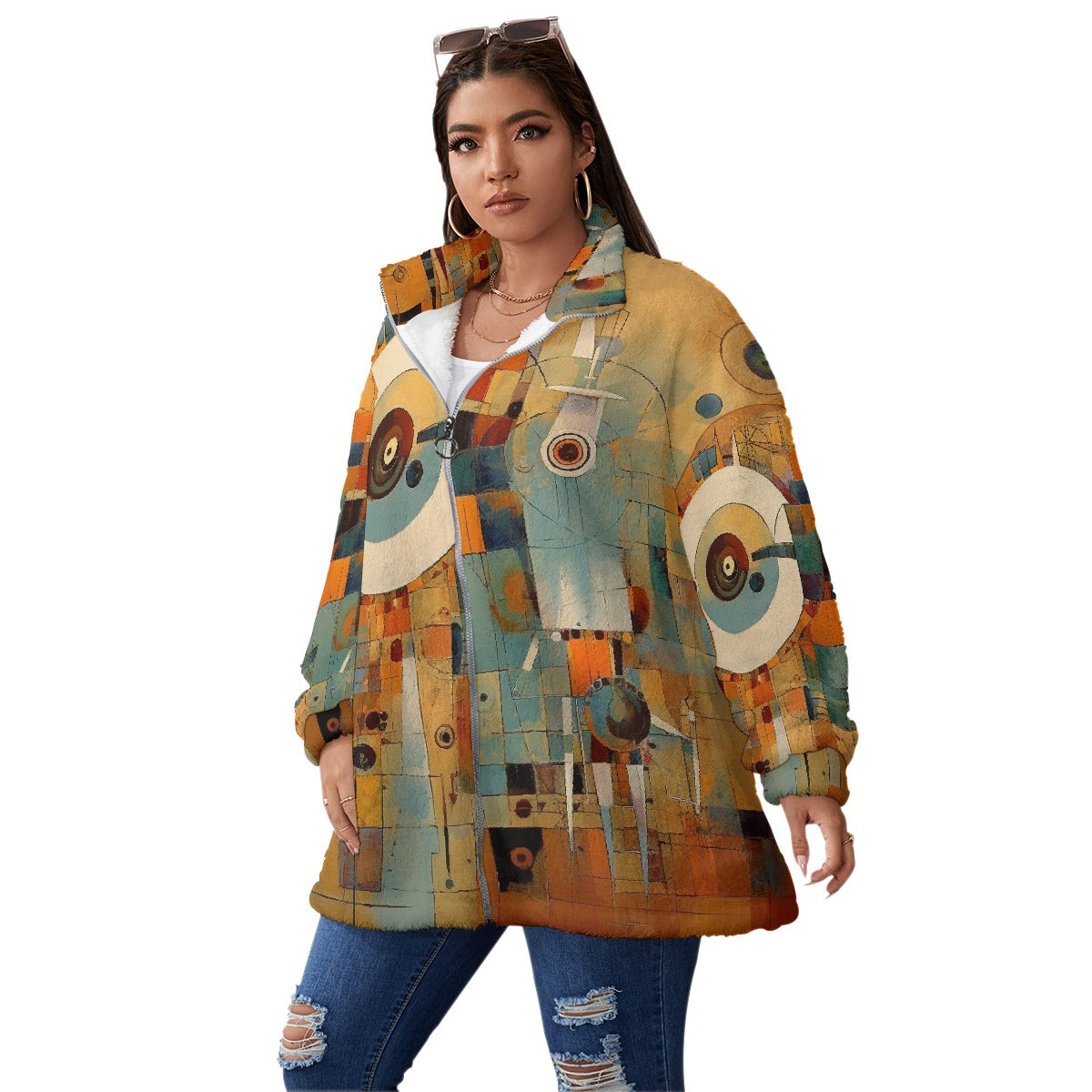 All-Over Print Unisex Borg Fleece Stand-up Collar Coat With Zipper Closure(Plus Size)