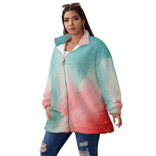 All-Over Print Unisex Borg Fleece Stand-up Collar Coat With Zipper Closure(Plus Size)