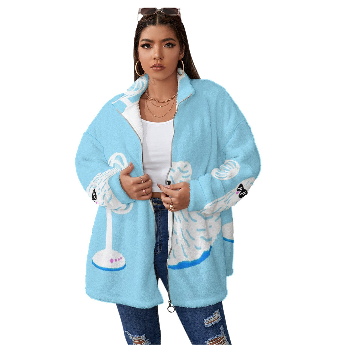 All-Over Print Unisex Borg Fleece Stand-up Collar Coat With Zipper Closure(Plus Size)