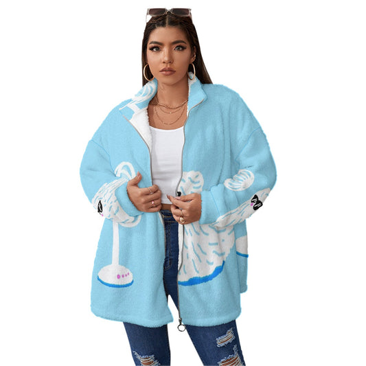 All-Over Print Unisex Borg Fleece Stand-up Collar Coat With Zipper Closure(Plus Size)