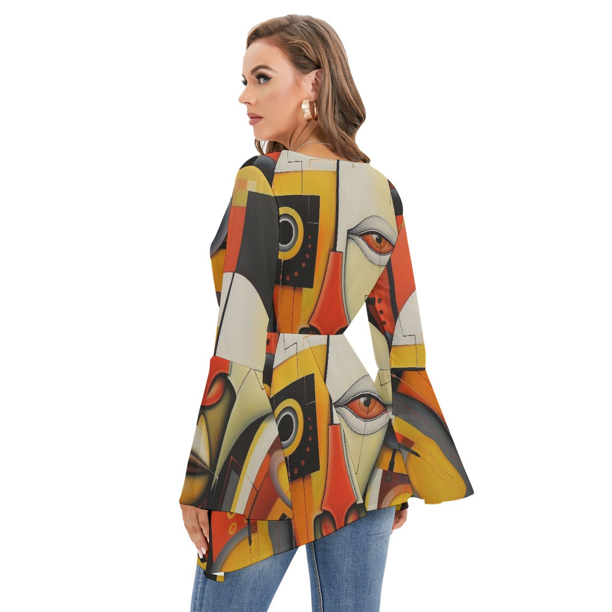 All-Over Print Women's V-neck Blouse With Flared Sleeves