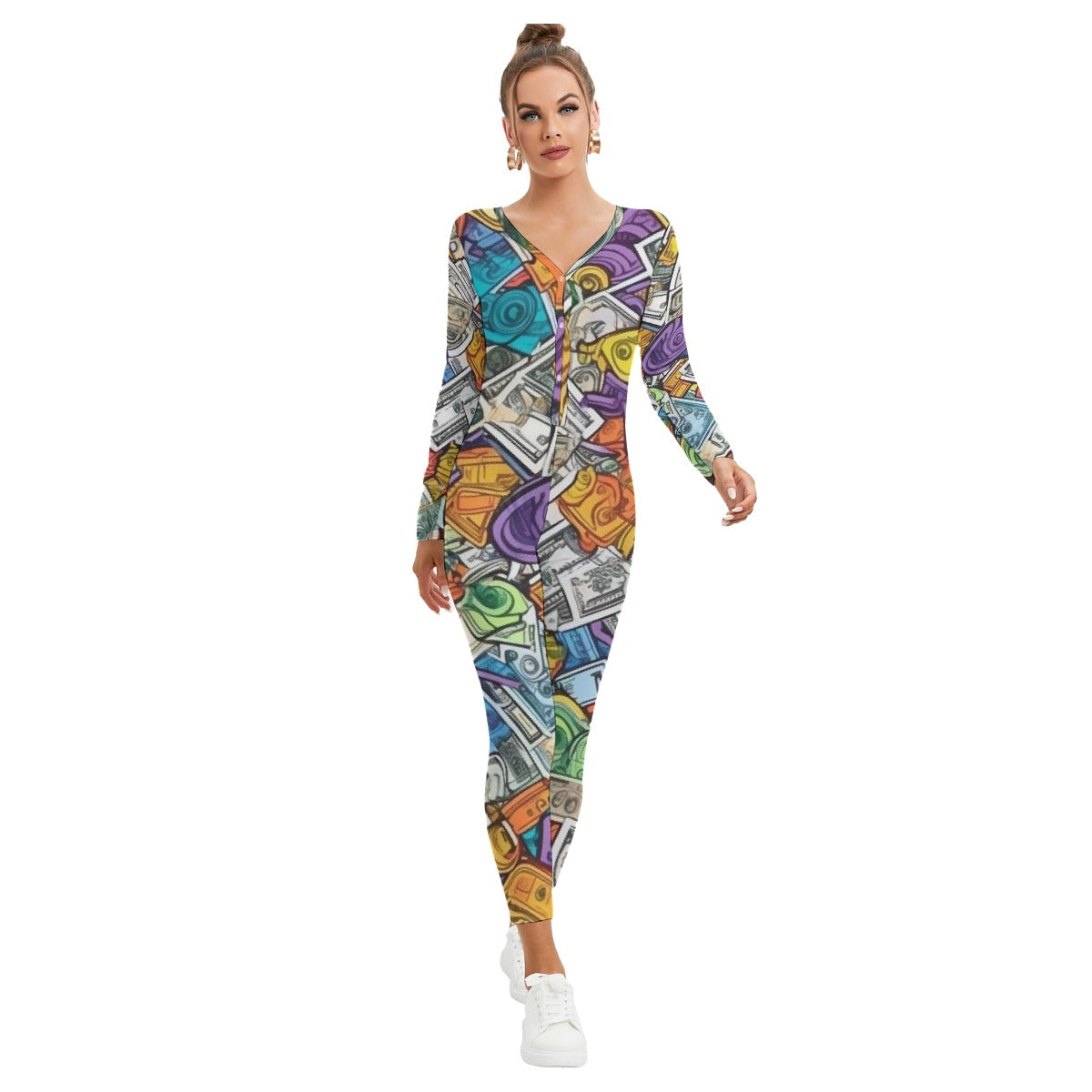 All-Over Print Women's Plunging Neck Jumpsuit