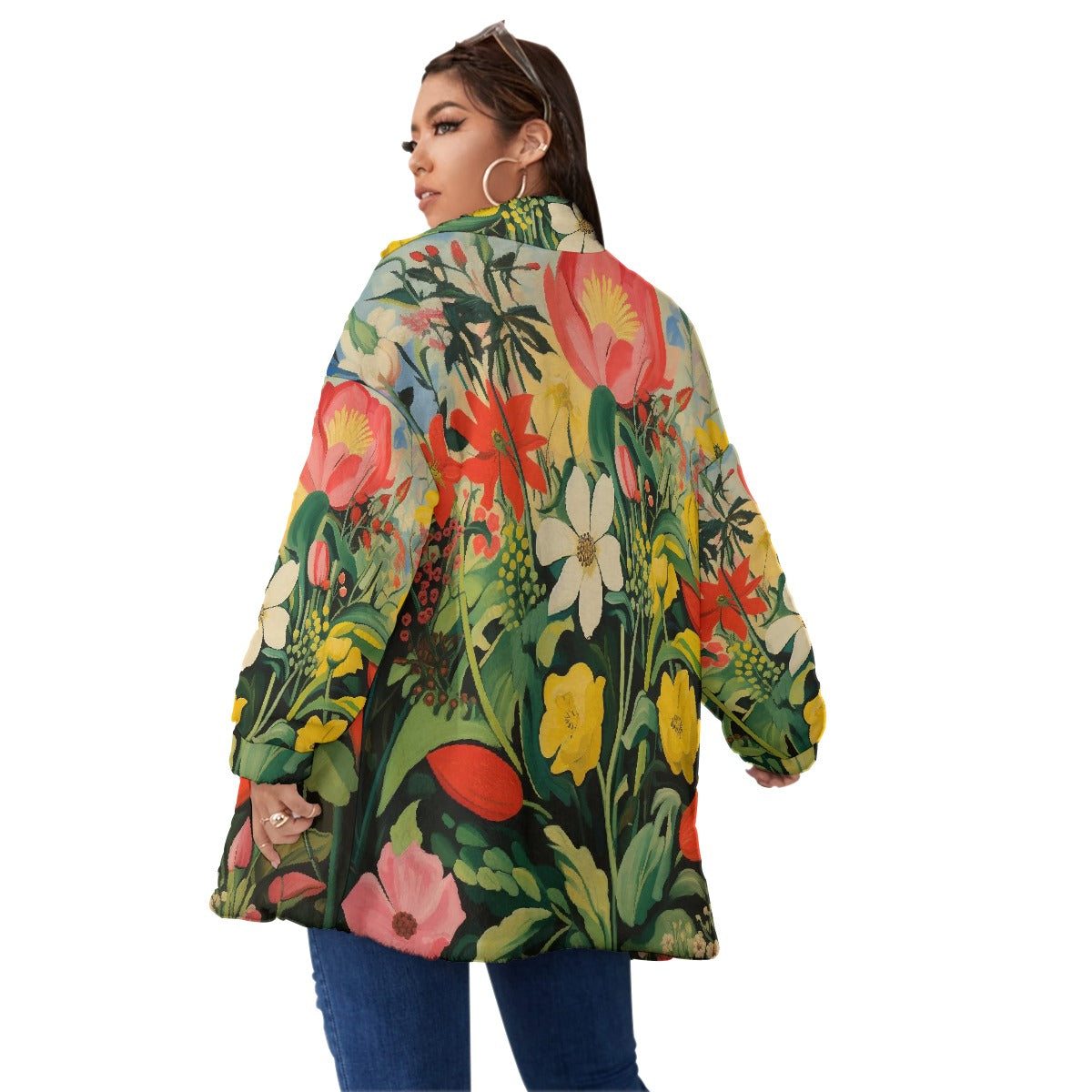 All-Over Print Unisex Borg Fleece Stand-up Collar Coat With Zipper Closure(Plus Size)