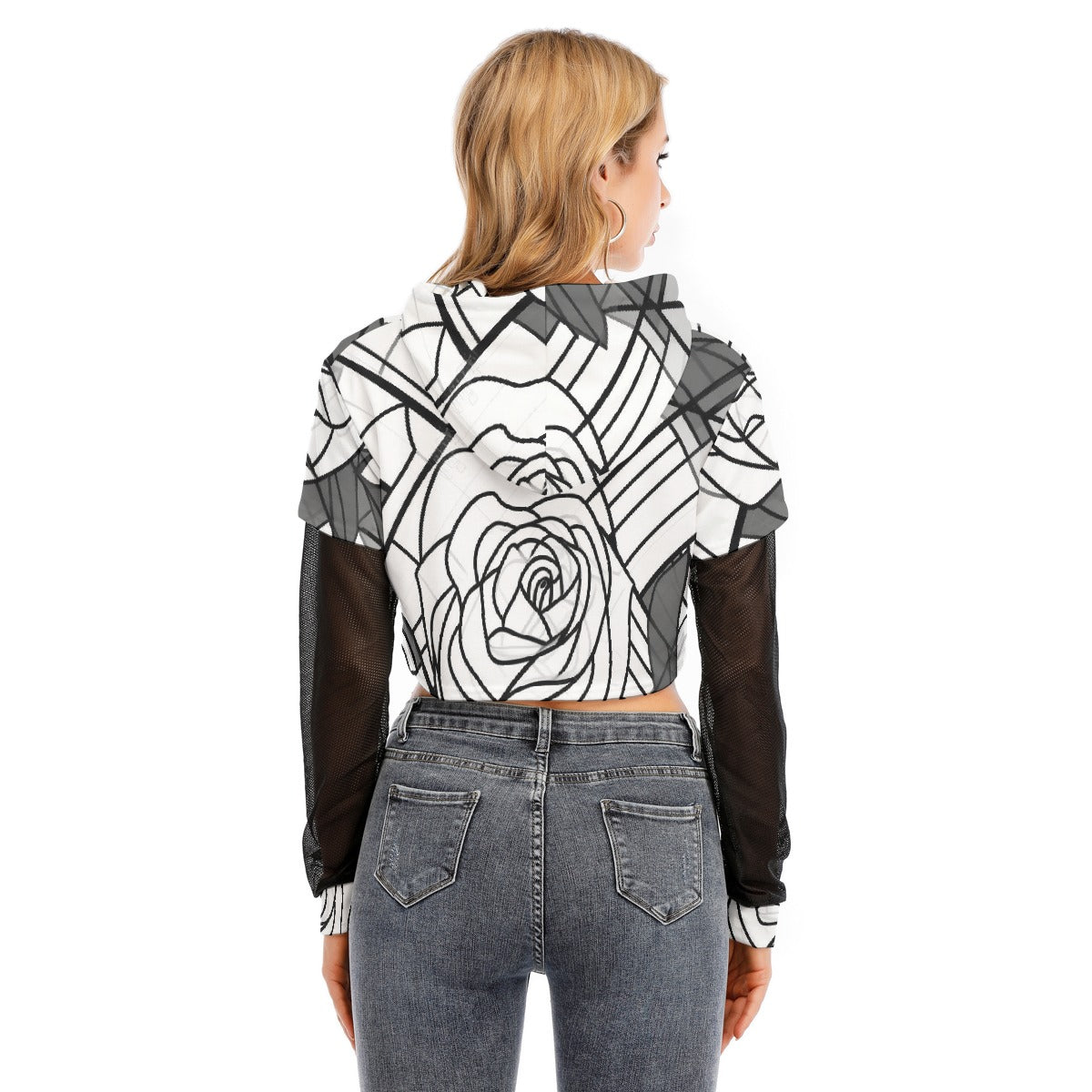 All-Over Print Women's Fake Two-piece Mesh Sleeve Cropped Hoodie