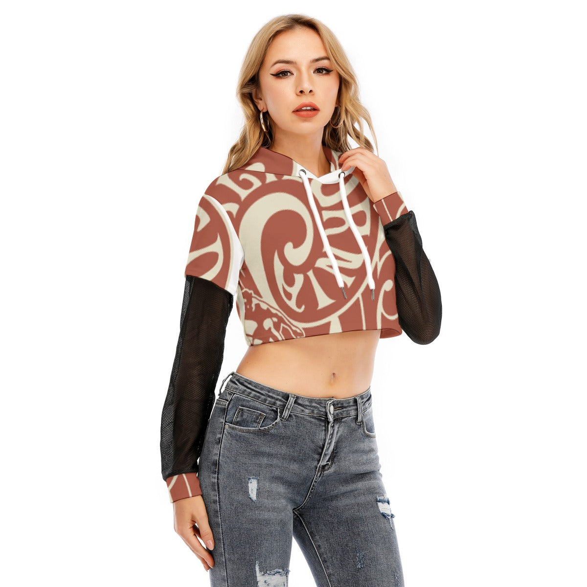 All-Over Print Women's Fake Two-piece Mesh Sleeve Cropped Hoodie