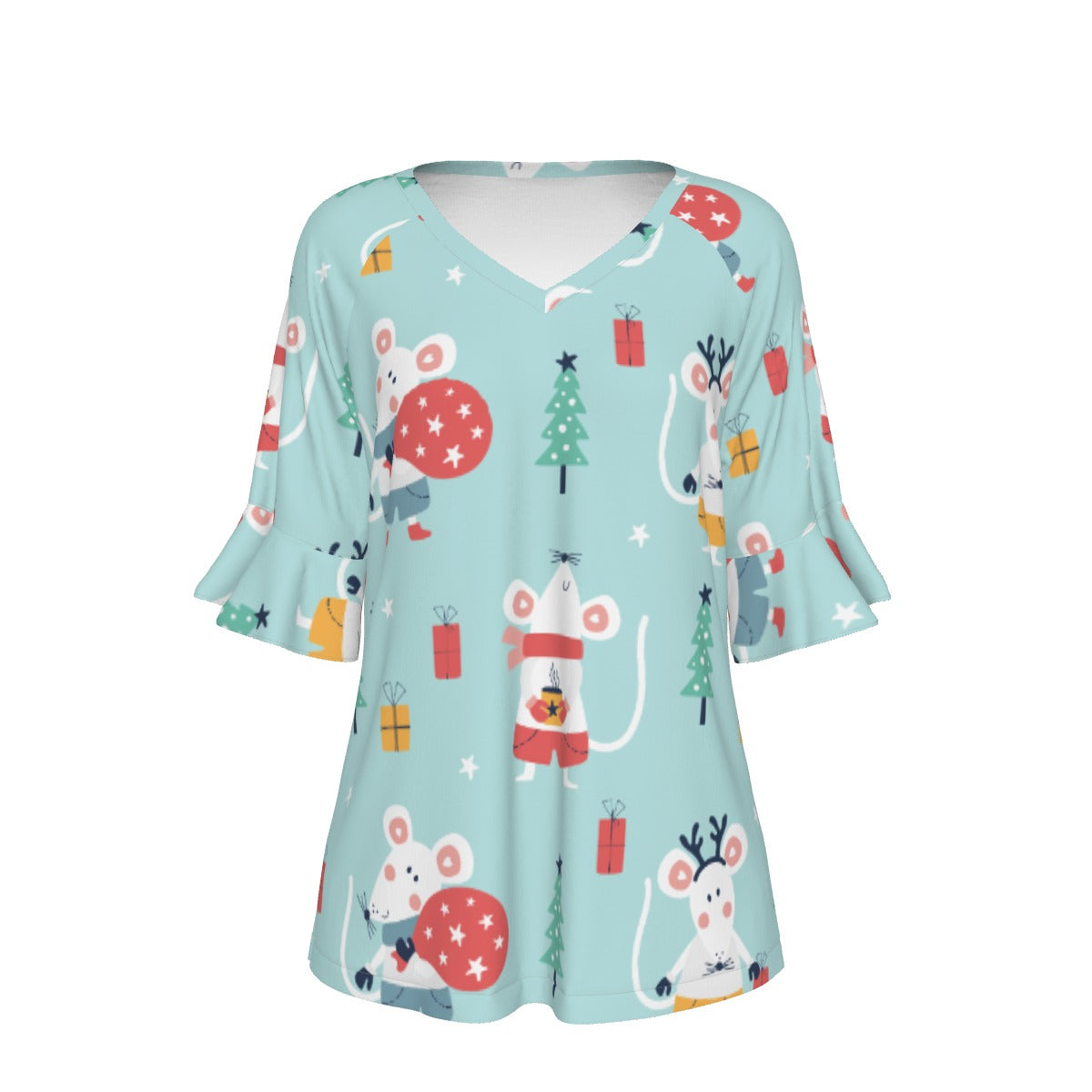 All-Over Print V-neck Women's T-shirt With Bell Sleeve