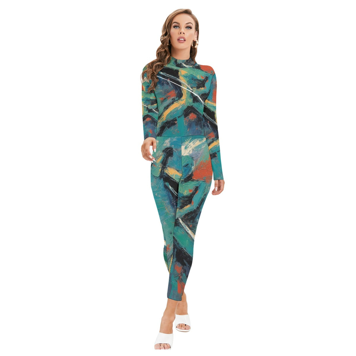 All-Over Print Women's Long-sleeved High-neck Jumpsuit With Zipper