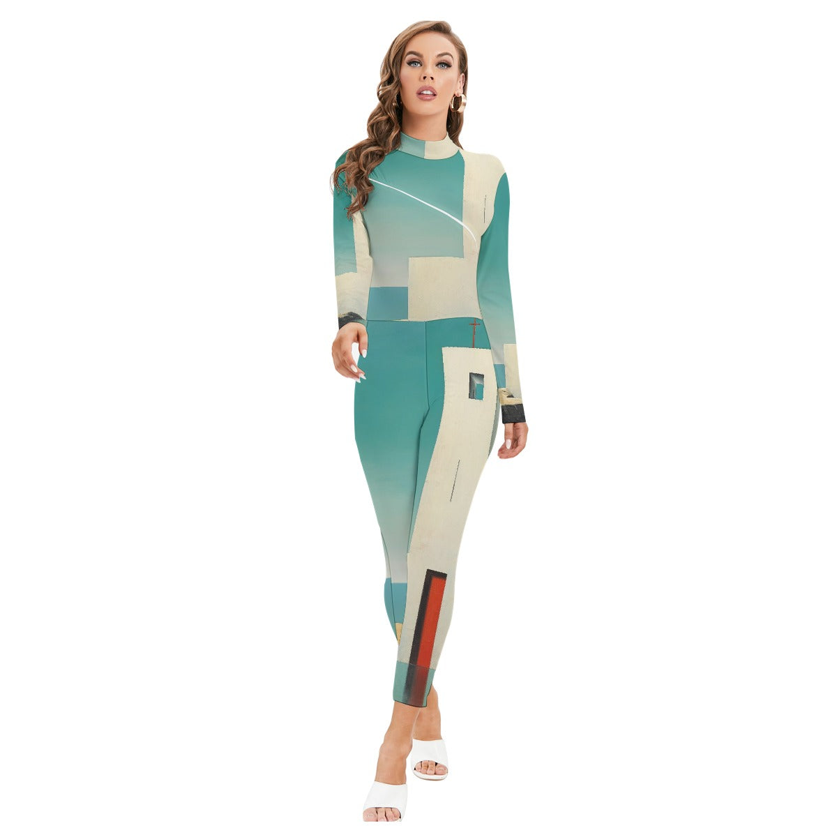All-Over Print Women's Long-sleeved High-neck Jumpsuit With Zipper