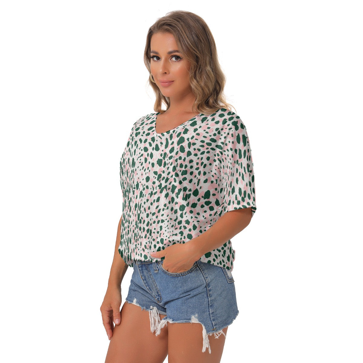 All-Over Print Women's Bat Sleeves V-Neck Blouse