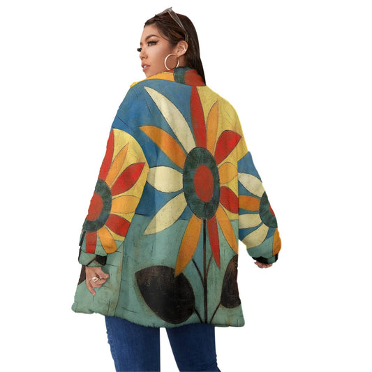 All-Over Print Unisex Borg Fleece Stand-up Collar Coat With Zipper Closure(Plus Size)