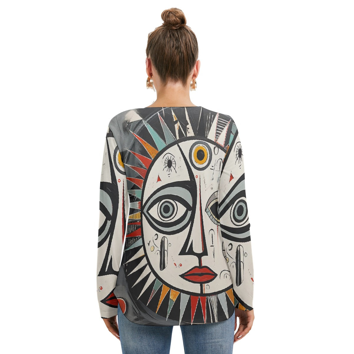 All-Over Print Women's Long Sleeve Neckline Tie Sweatshirt