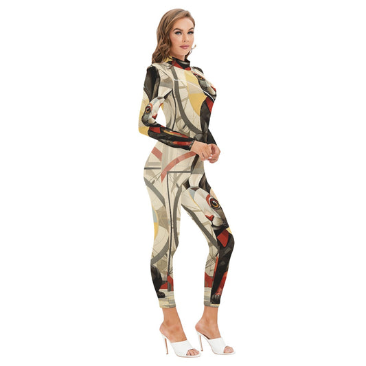 All-Over Print Women's Long-sleeved High-neck Jumpsuit With Zipper