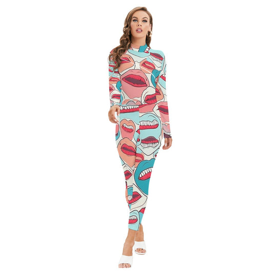 All-Over Print Women's Long-sleeved High-neck Jumpsuit With Zipper