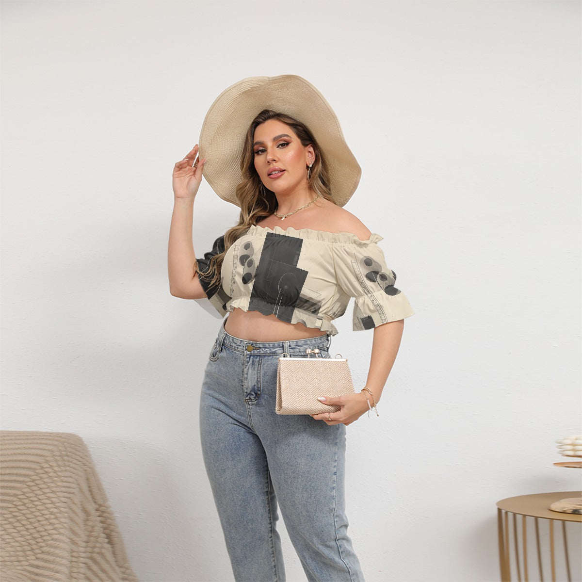 All-Over Print Women's Off-shoulder Cropped Top With Short Puff Sleeve