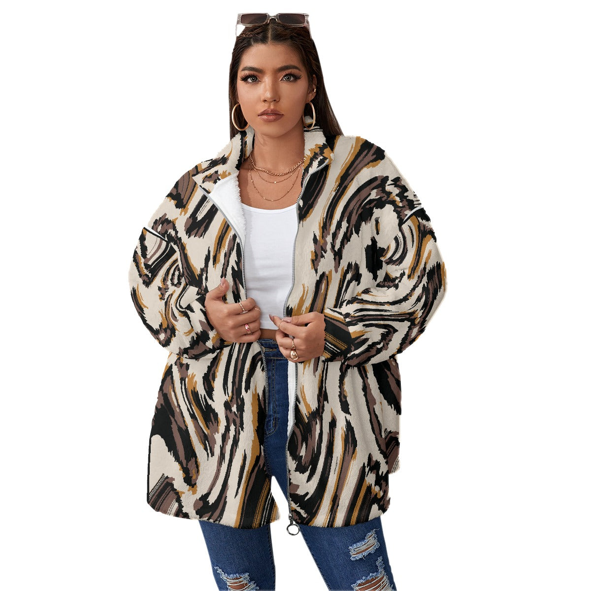 All-Over Print Unisex Borg Fleece Stand-up Collar Coat With Zipper Closure(Plus Size)