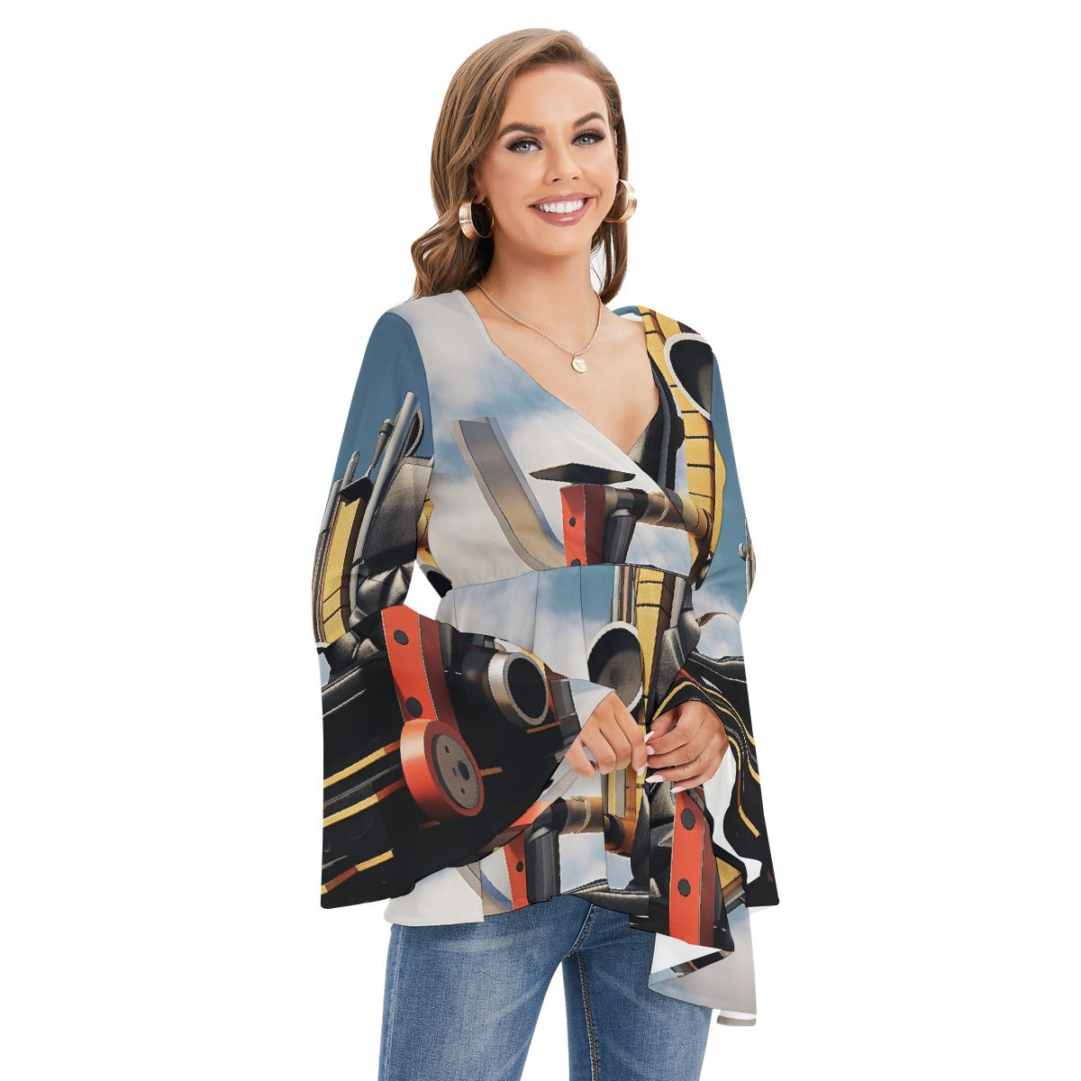 All-Over Print Women's V-neck Blouse With Flared Sleeves
