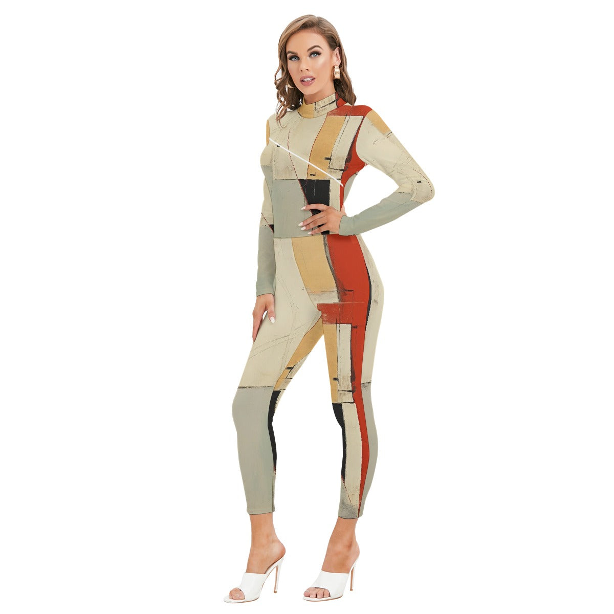 All-Over Print Women's Long-sleeved High-neck Jumpsuit With Zipper