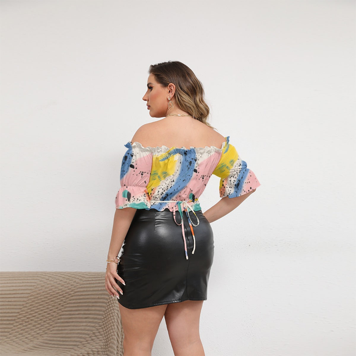 All-Over Print Women's Off-shoulder Cropped Top With Short Puff Sleeve