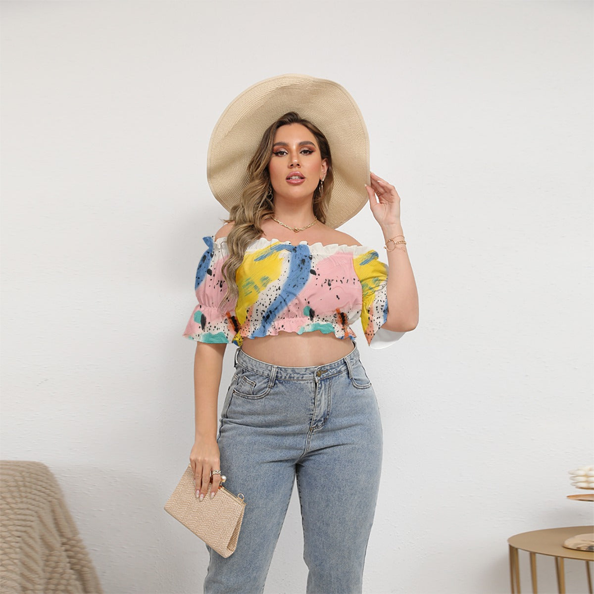 All-Over Print Women's Off-shoulder Cropped Top With Short Puff Sleeve