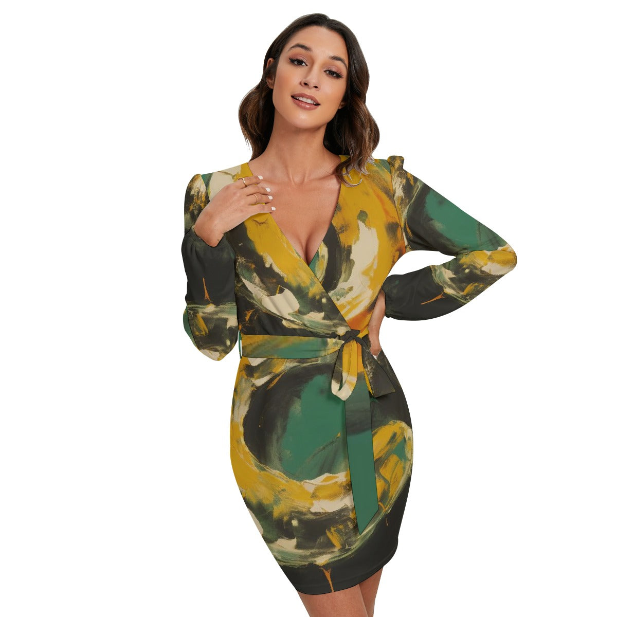 All-Over Print Women's Long Sleeve Dress With Waist Belt