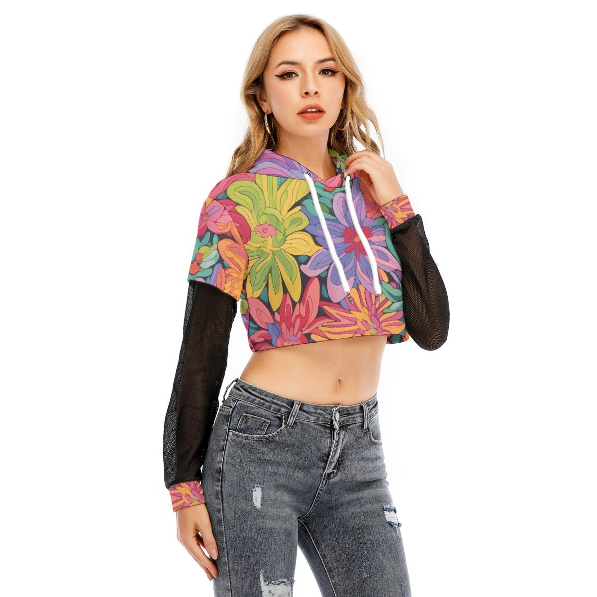 All-Over Print Women's Fake Two-piece Mesh Sleeve Cropped Hoodie