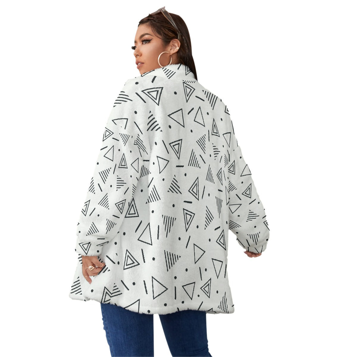 All-Over Print Unisex Borg Fleece Stand-up Collar Coat With Zipper Closure(Plus Size)