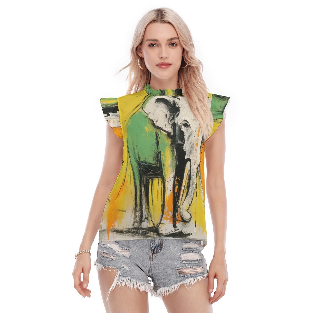 All-Over Print Women's Blouse With Ruffle Collar And Sleeve