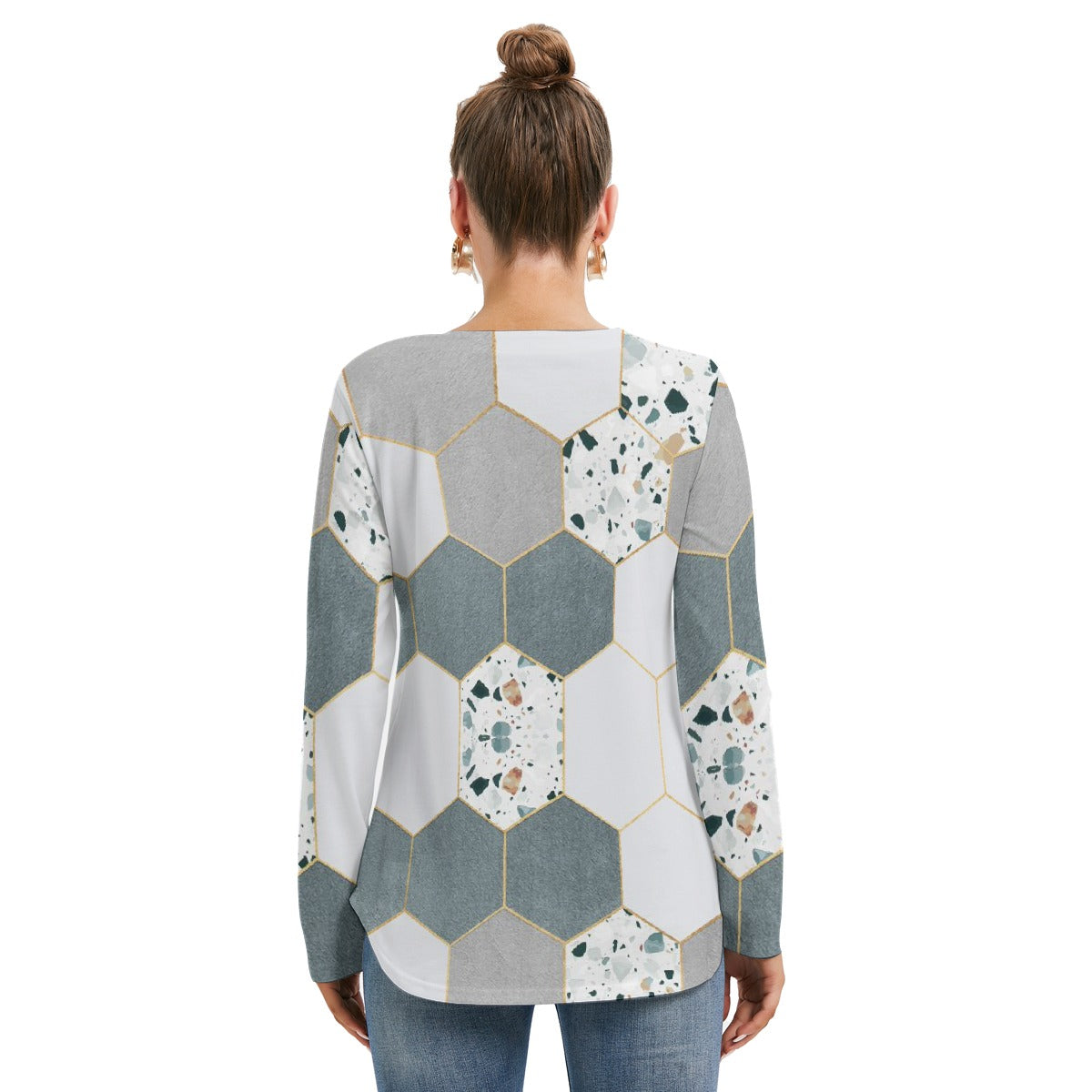 All-Over Print Women's Long Sleeve Neckline Tie Sweatshirt