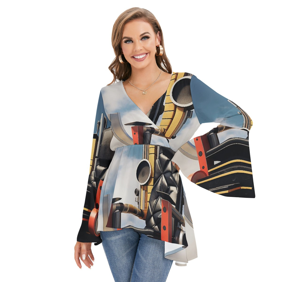 All-Over Print Women's V-neck Blouse With Flared Sleeves