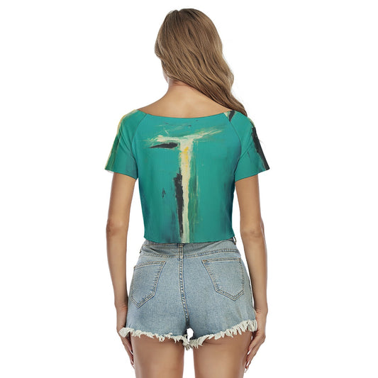 All-Over Print Women's Raglan Drawstring Front  Crop Tee