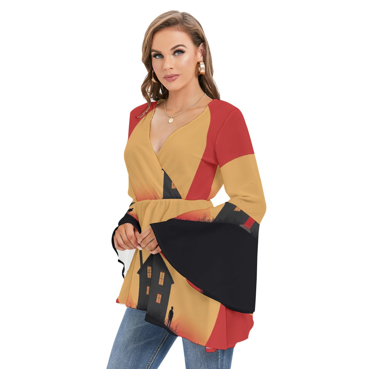 All-Over Print Women's V-neck Blouse With Flared Sleeves