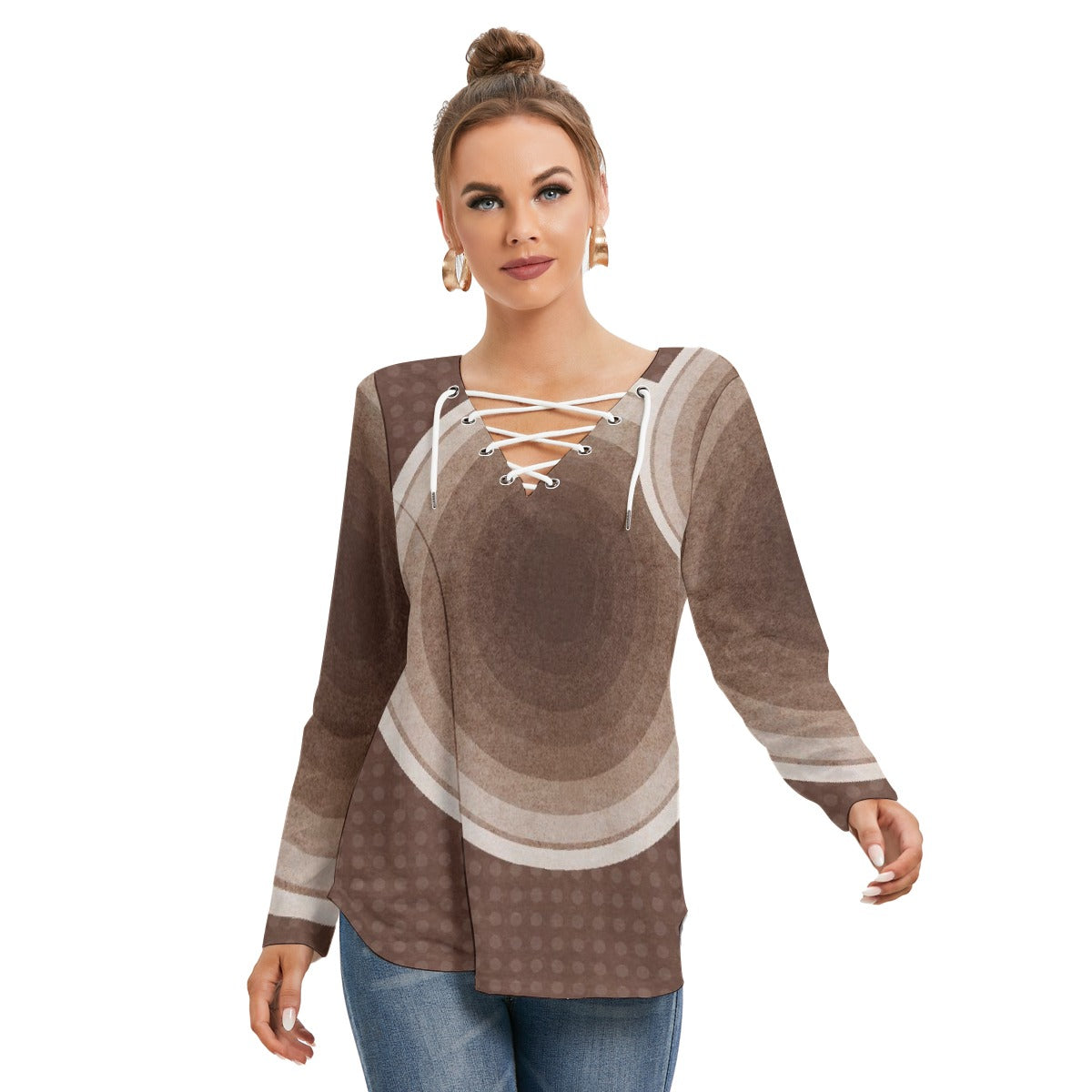 All-Over Print Women's Long Sleeve Neckline Tie Sweatshirt