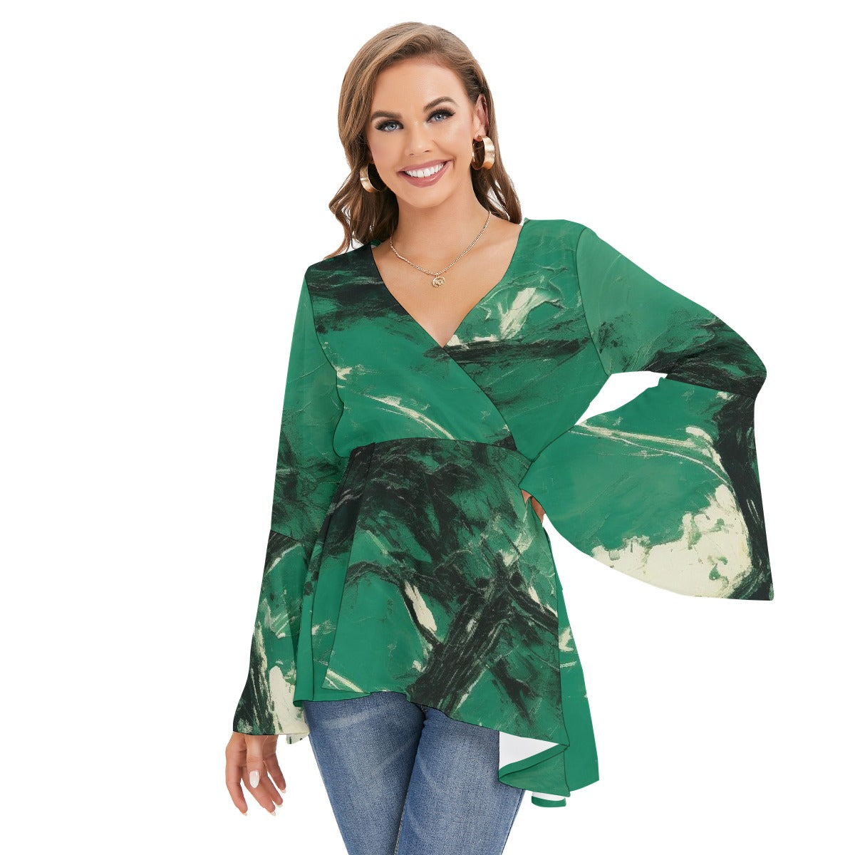 All-Over Print Women's V-neck Blouse With Flared Sleeves